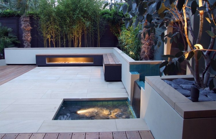 nepriame osvetlenie pod lavicou a na terase záhradný dizajn-vodné prvky-lavica-nepriame-osvetlenie
