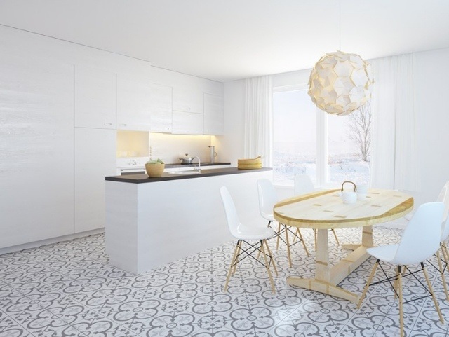 minimalistická kuchyňa-biele čelá bez rukovätí-porcelánové vzorované dlaždice Istanbul-yurtbay-seramik minimalistická kuchyňa-biele predné časti bez úchytiek vzor dlažby Istanbul-yurtbay-seramik