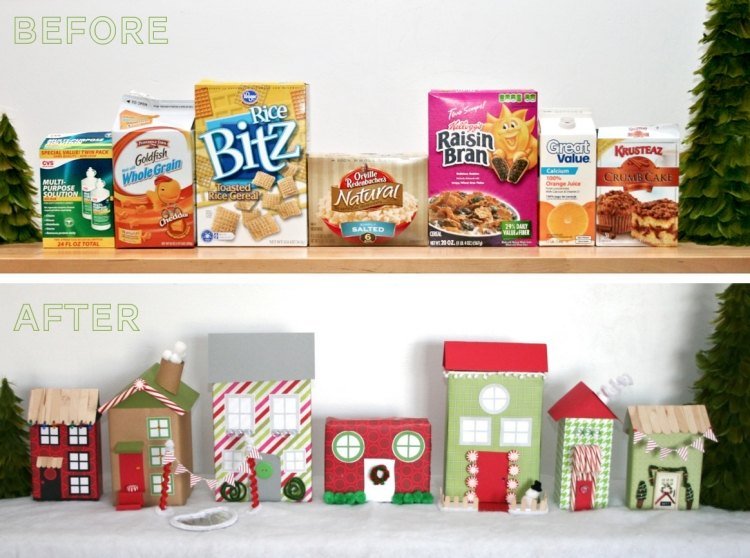 Vyrobte si vianočné ozdoby z kartónových obalov a škatúľ moderná vianočná dekorácia -tinkering-idea-mesto-chata-balenie-kartón-zdobenie-balenie