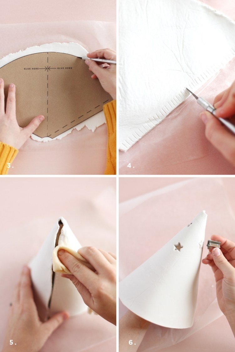 Pomocou šablóny vystrihnite modelovaciu hmotu v požadovanom tvare moderné-vianočné dekorácie-drotárstvo-porcelán-vianočné stromčeky-lampáše-šablóna-výrez-vystrihnúť