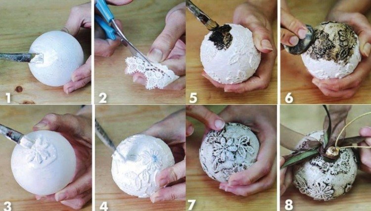 Vianočnú guľu ozdobte a vyfarbite čipkou moderné-vianočné dekorácie-drotárstvo-ozdoby-ozdoba-čipka-biela-hnedá-vinobranie