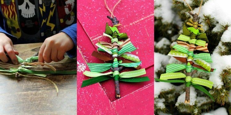 vyrobte malé jedle z tyčiniek a zelených stužiek moderné-vianočné dekorácie-drotárstvo-vianočné stromčeky-dekorácie-jedľa-stuha-zelená-kreatívna-nápad-diy