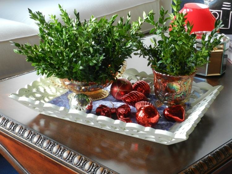 čerstvé listy zimostrázu v malých strieborných vázach na podnose vianočné dekorácie-moderné-urob si sám-podnos-box-strom-vianočné-dekorácie-jednoduché-kreatívne-vianočné gule
