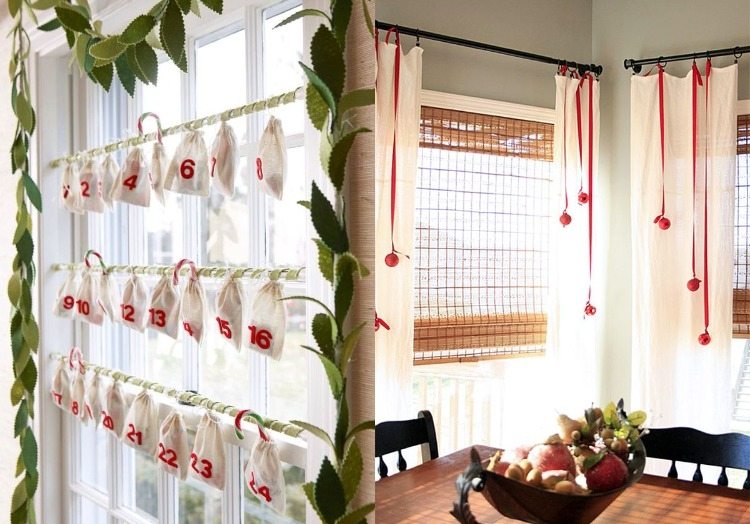 skvelý nápad na dekoráciu okien a adventný kalendár v jednom vianočné dekorácie-moderné-urob si sám-wadvent-kalendárové tašky-vianočné gule-červené-závesné závesy