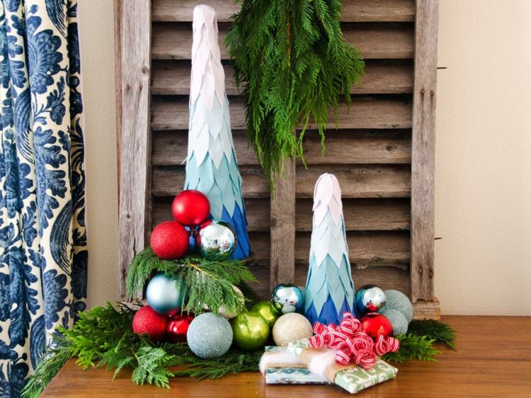 Moderné usporiadanie vždyzelených a ombre jedlí moderná vianočná výzdoba aranžmán vždyzelené ombre jedľové ozdoby