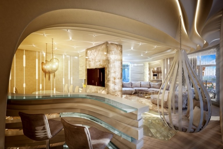 Moderné bývanie-nápady-závesné stoličky-bar-jedálenský kút-moderné