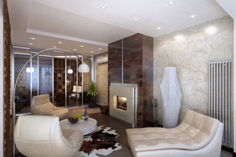 moderné nápady na bývanie-obývacia izba-umelá kožušina-koberec-koža-pohovka-prírodný kameň-obklad stien