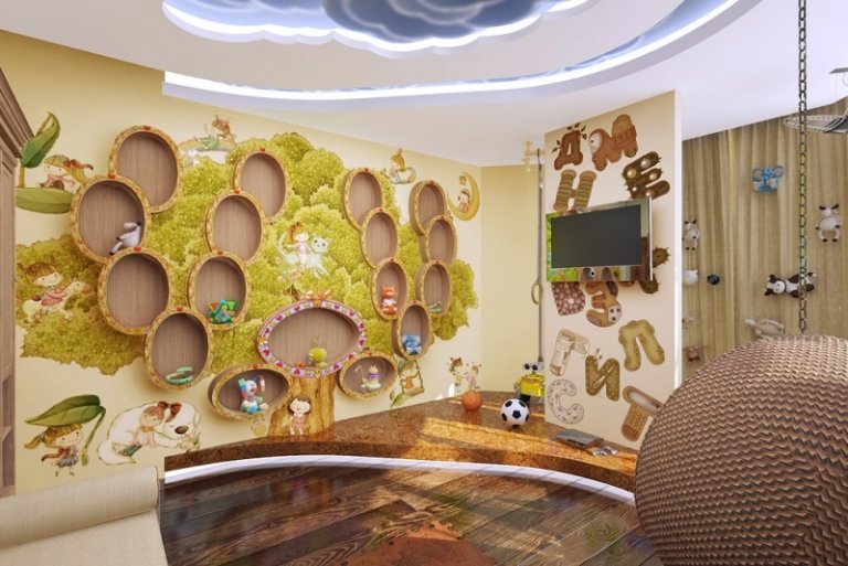 moderné-obývacie-nápady-nástenné police-škôlka-dizajn podlahy