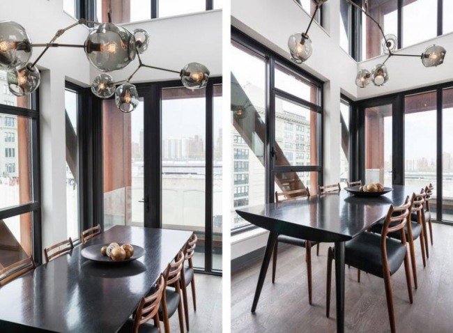 jedáleň dymový sklenený luster asymetrické čierne drevo