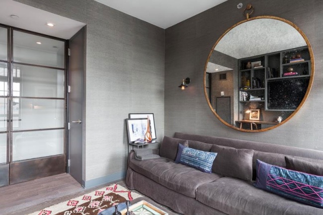 roh na čítanie sivá stena farba okrúhla stena zrkadlová sedačka