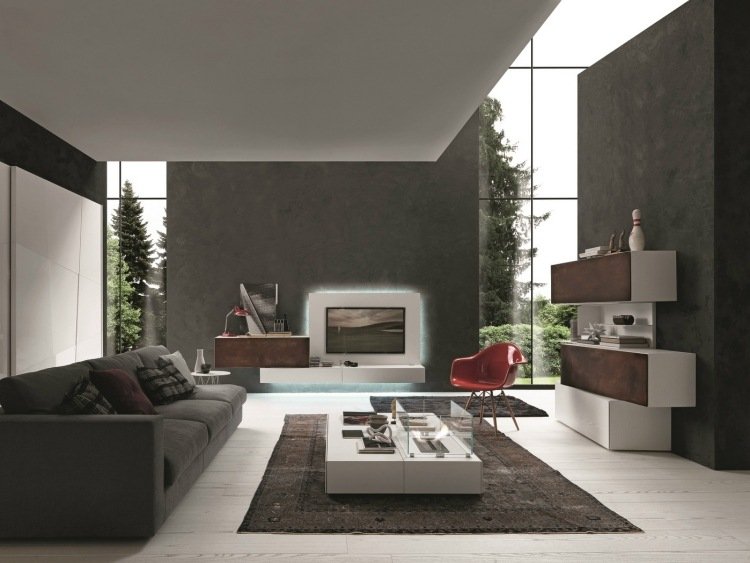 modulárne systémy ponúkajú veľa možností dizajnu Nástenná jednotka s LED osvetlením-obývacia izba-stoličky-červená-gauč-čalúnenie-tmavošedá-293-presotto-cortenová oceľ