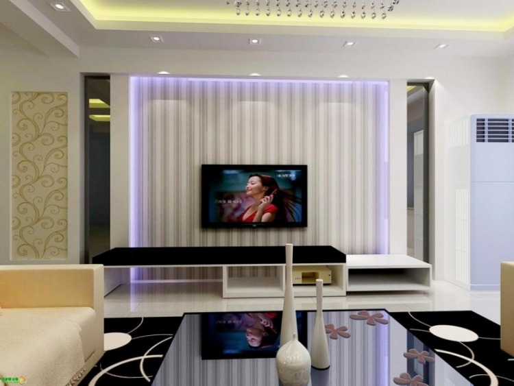 Nástenný systém s LED osvetlením pre moderné obývačky moderná-obývacia stena-led-tapeta-dekorácia-kvet-vzor-pruhy-jasný-koberec-čierna