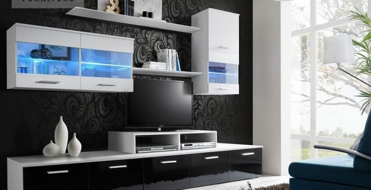 moderné a čiernobiele moderná obývacia stena-led-čierna-biela-vysoký lesk-tapeta-vzor-ornamenty-kreslo-okná