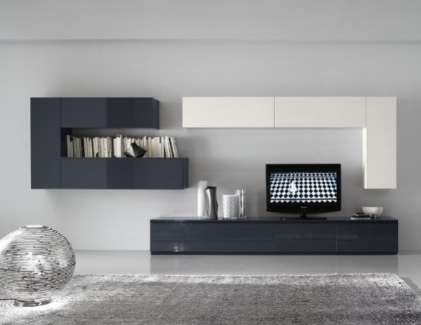 Nástenný systém puristicko-elegantno-monochromatická farebná schéma obývačky Nástenná jednotka-obývačka-nástenné jednotky-čierno-biela-vysoký-lesk-biely-lakovaný