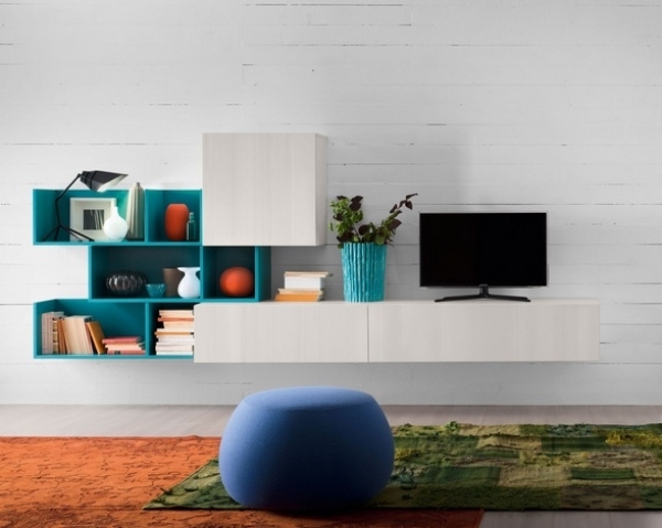 dizajnová nástenná jednotka-smaragdovo zelené otvorené police-biela doska originál-nástenná-jednotka-BeFree-taliansky-dizajn-hravý-kontajner-s-otvorenými priehradkami