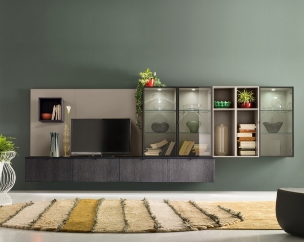 Nástenná nástenná jednotka s vitrínovou plochou obrazovkou Zavesenie na stenu-úložný-stena-so-visiacimi-skriňami-otvorené-priehradky-rafinovaný dizajn