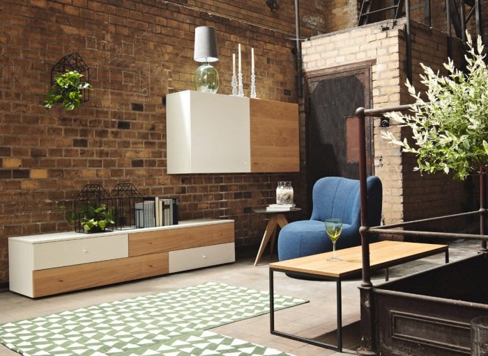 moderný nábytok do obývačky nástenná jednotka-biely-prírodný dub