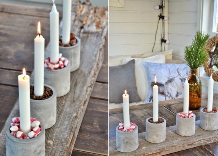 Moderný adventný veniec s betónovými pohármi Nápad na betónový adventný veniec-moderné-hrnček-cukrík-kávová-zrnková-sviečka