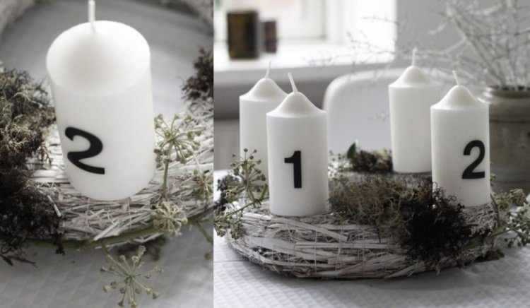 očíslujte sviečky na adventnom venci číslicami Moderný adventný veniec-urob si sám-minimalistický-biely-mach-sviečka-číslo