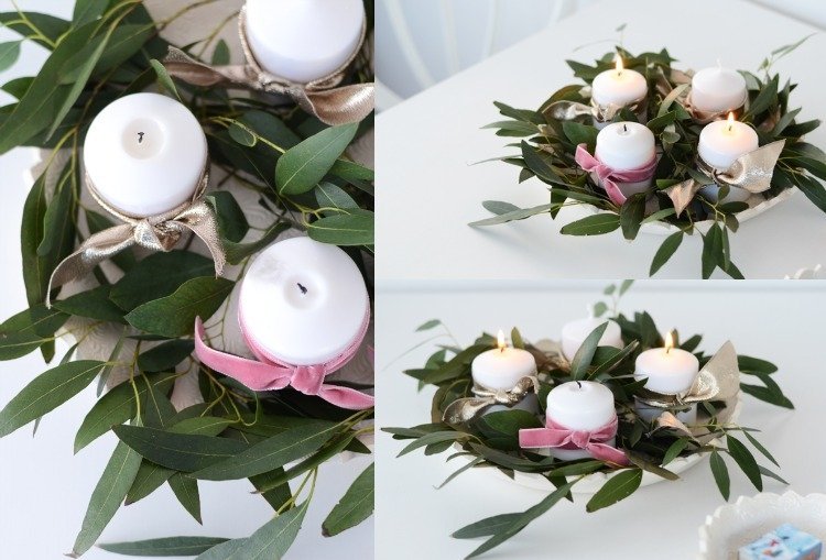 jednoduchý adventný veniec v miske ozdobený čerstvými listami adventný veniec-moderné-urob si sám-jednoduché-obyčajné vetvičky-samozrejme-slučky