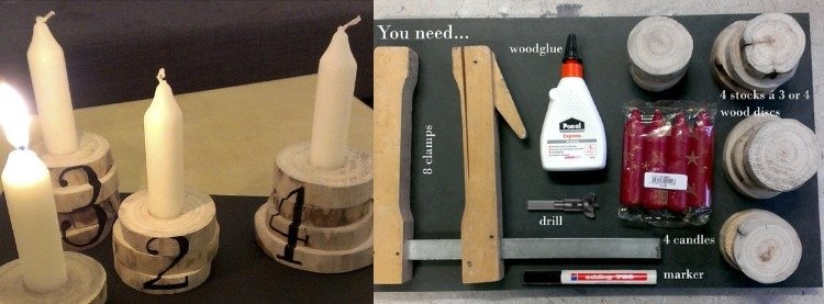 Vyrobte si z drevených kotúčov svietniky na štyri sviečky adventný veniec-moderné-urob si sám-drevené-disky v škandinávskom štýle-biele-číslo-čierne-diz