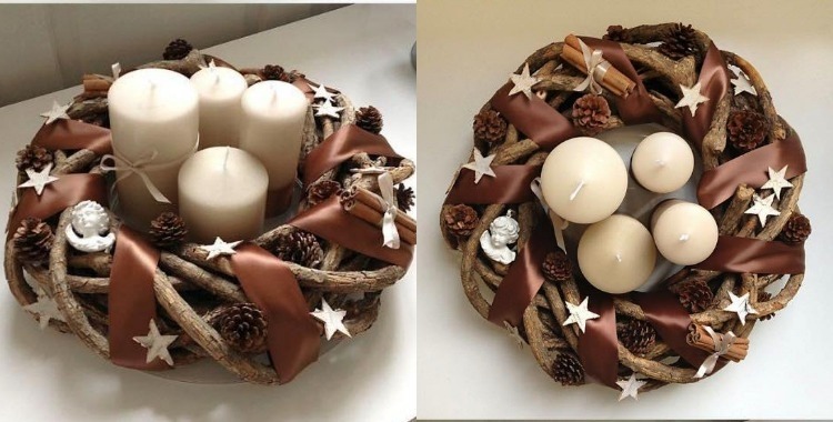 Drevený veniec so štyrmi sviečkami rôznych veľkostí adventný veniec-moderné-urob si sám-veniec-drevené sviečky-bielo-hnedá-dekorácia