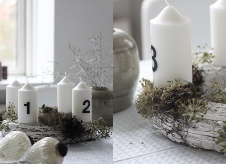 moderná vianočná dekorácia s domácim adventným vencom Moderné adventné vence-urobte si-minimalistické-biele-sviečky-mach-číslované