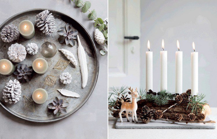 Navrhnite adventný veniec moderne - krásne nápady Nápady na moderný adventný veniec-okrúhle-podlhovasté-drevo-šišky-maľované-drevo-kmeň-vianočné dekorácie