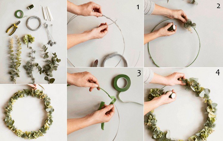 Návod - Moderný adventný veniec na vianočnú výzdobu moderný adventný veniec-urob si sám-drotár-listy-sukulentné-pokyny-materiály-kroky