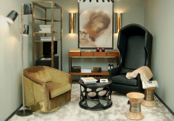 Zariadenie elegantnej drevenej stoličky-malá obývačka elegantná-drevená taburetka-malá obývačka-zariadenie