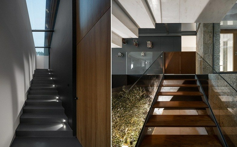 moderné vidiecke štýlové drevené schody sklenené zábradlie interiérové ​​schody