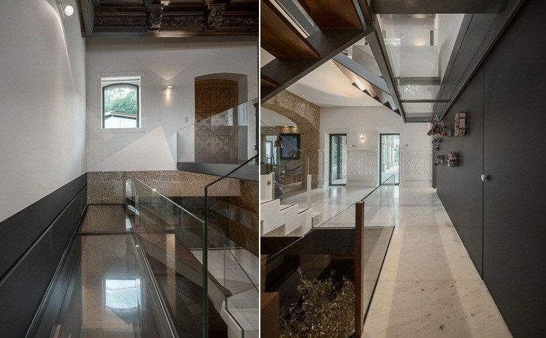 Sklenené zábradlie na stenu v druhom poschodí vo vidieckom štýle