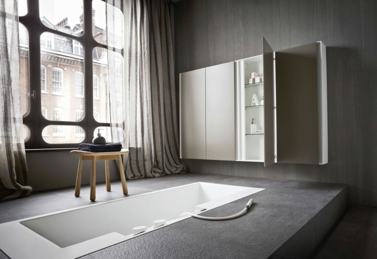 Navrhnite priestor s vaňou a modernou skriňou vane dizajnová podlaha vstavaná skriňa vitrína taburet