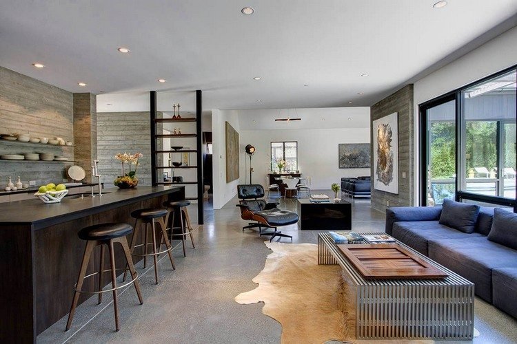 moderný statok-otvorený plán-obývacia časť-kuchyňa-obývacia izba