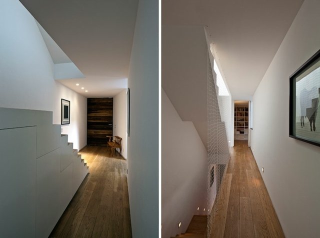 Schodisko, chodba, moderné umelecké diela, biele omietky, steny, laminát moderné umelecké diela biele omietkové steny laminátové podlahy svetlé svetlíky