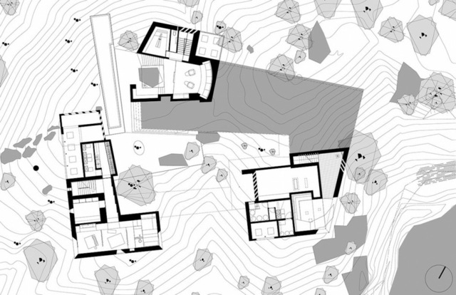 Dovolenkový dom plán pohľad zhora nad tri objemy budov