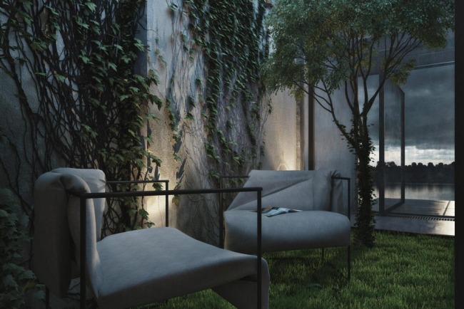 moderný betónový dom 3d vizualizácia nádvorie sedenie moderný betónový dom vizualizácia nádvorie sedenie