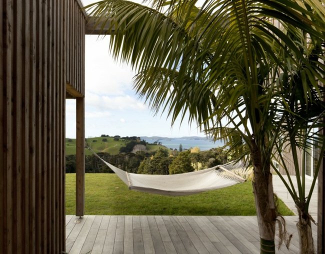 exotický dom Nové Zeeland palmy exotická palmová hojdacia sieť záhradné more