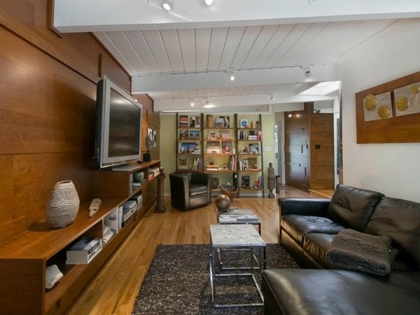 Interiérový dizajn interiéru obývačky s koženým nábytkom Interiér obývačky s koženým nábytkom