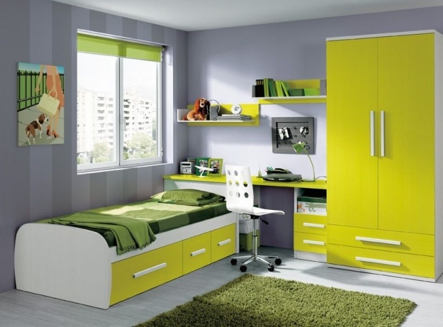 moderný-nábytok do detskej izby-chlapec-neón-zelená-biela-sivá-farba na stenu