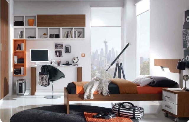 Zariaďte modernú detskú izbu-chlapec-drevená dyha-biela-oranžová-akcenty