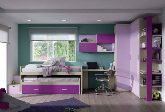 moderná detská izba dievča-purpurový-nábytok-modro-zelená-farba na stenu