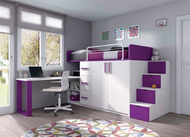 moderný-detská izba-dievča-bielo-purpurový-nábytok-podkrovný úložný priestor na posteľ