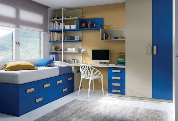 nábytok-detská izba-modrá-krémová-horčicová-žltá-farba na stenu