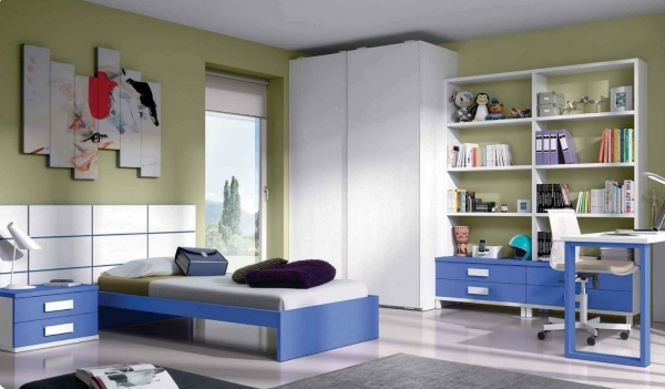 nábytok-detská izba-chlapec-modrá-biela-olivovo-zelená-farba na stenu