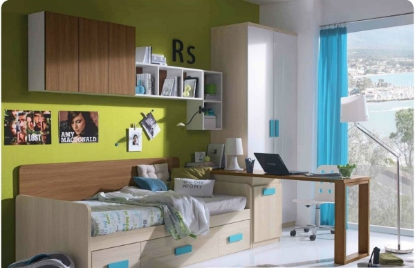 nábytok-detská izba-chlapec-drevená dyha-aqua-kľučky-zelená-farba na stenu