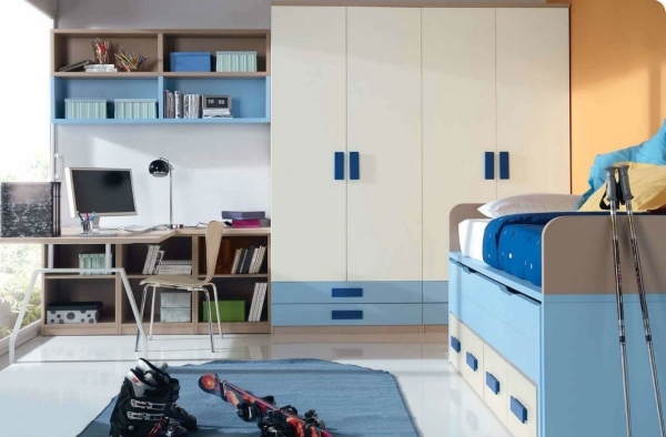 Nábytok-zostava-detská izba-jednolôžko-posteľový box-krém-modrá-biela