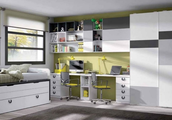 nábytková zostava-detská izba-súrodenci-sivo-biela-olivovo-zelená-farba na stenu