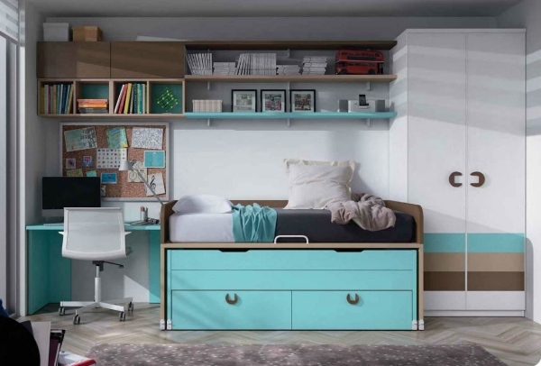 nábytková zostava-detská izba-chlapec-hnedá-aqua-úspora miesta