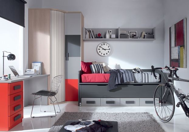 nábytková zostava-detská izba-chlapec-sivá-červená-farby